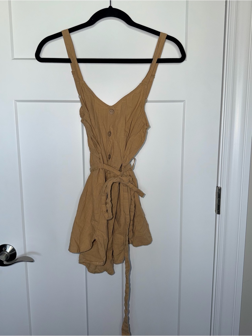Tan Button Front Belted Romper